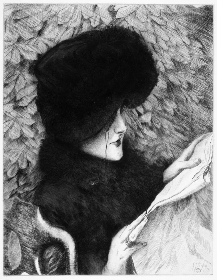 A woman in a fur hat reading a newspaper, an 1883 etching by James Tissot.